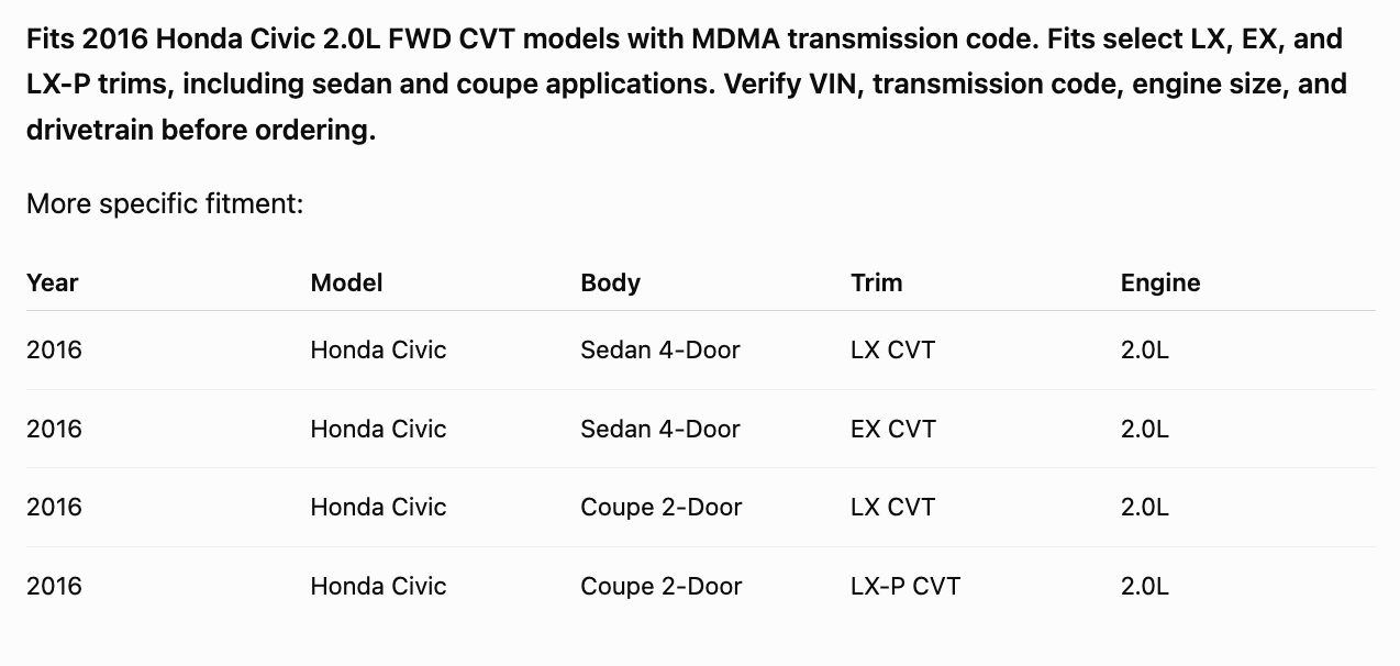2016 Honda Civic 2.0L CVT Transmission MDMA FWD Remanufactured OEM 200315DM0009